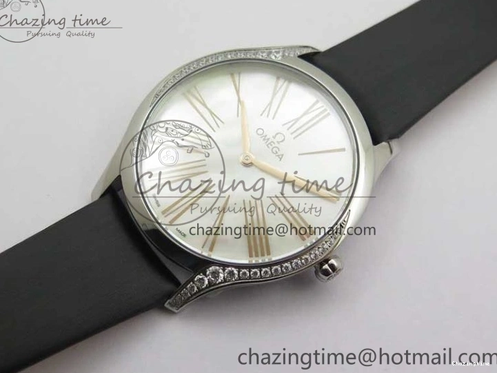 0811 Ladies’ De Ville Trésor Diamond SS 3AF 1:1 Best Edition White MOP Dial RG Markers On Black Fabric strap Swiss Quartz Comfortable 7884